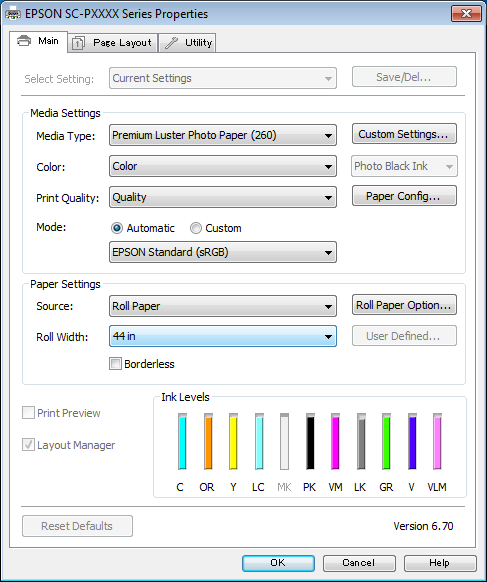 Różne funkcje związane z drukowaniem G H Kliknij kolejno menu File (Plik) polecenie Properties (Właściwości), a po pojawieniu się ekranu sterownika drukarki wybierz odpowiednie ustawienia dotyczące