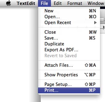 Wybieranie ustawień w systemie Mac OS X Po zakończeniu pracy nad dokumentem A w aplikacji kliknij menu File (Plik), a następnie kliknij polecenie Print (Drukuj) i wykonaj inne niezbędne czynności.