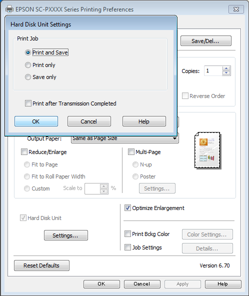 Używanie opcjonalnego dysku twardego C Na karcie Page Layout (Układ strony) w obszarze Hard Disk Unit (Dysk twardy) kliknij przycisk Settings (Ustawienia), a następnie zaznacz opcję Print Job