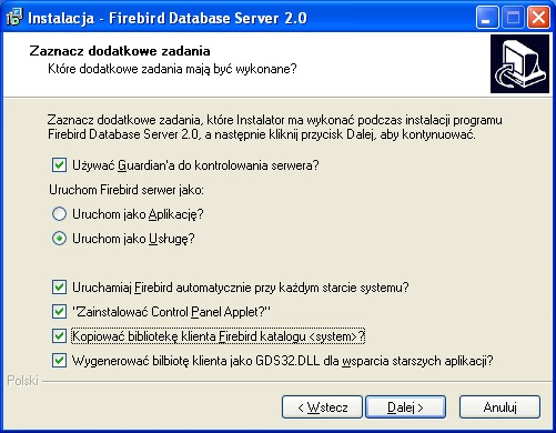 FireBird. W stosunku do domyślnych ustawień uŝytkownik musi bibliotekę zaznaczyć opcję Kopiować klienta Firebird do katalogu <system>?