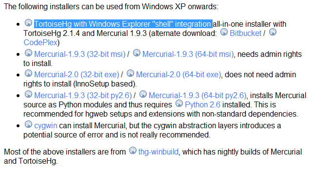 Rys.21 Wersje instalacyjne programu Mercurial.