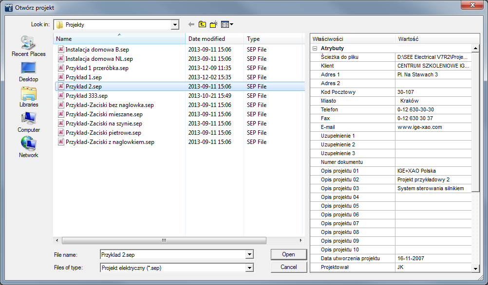 Lewa część okna zawiera listę projektów znajdujących się w folderze D:\SEE Electrical V7R2\Projekty.
