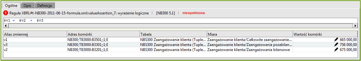 $v4 = B3306 Pozostałe dotyczące finansowania (wartość nominalna) $v5 = B3309 Ekwiwalent bilansowy Czyli: B3301 = B3302 + B3304 + B3306 + B3309 Dla powyższej zależności została utworzona dodatkowa