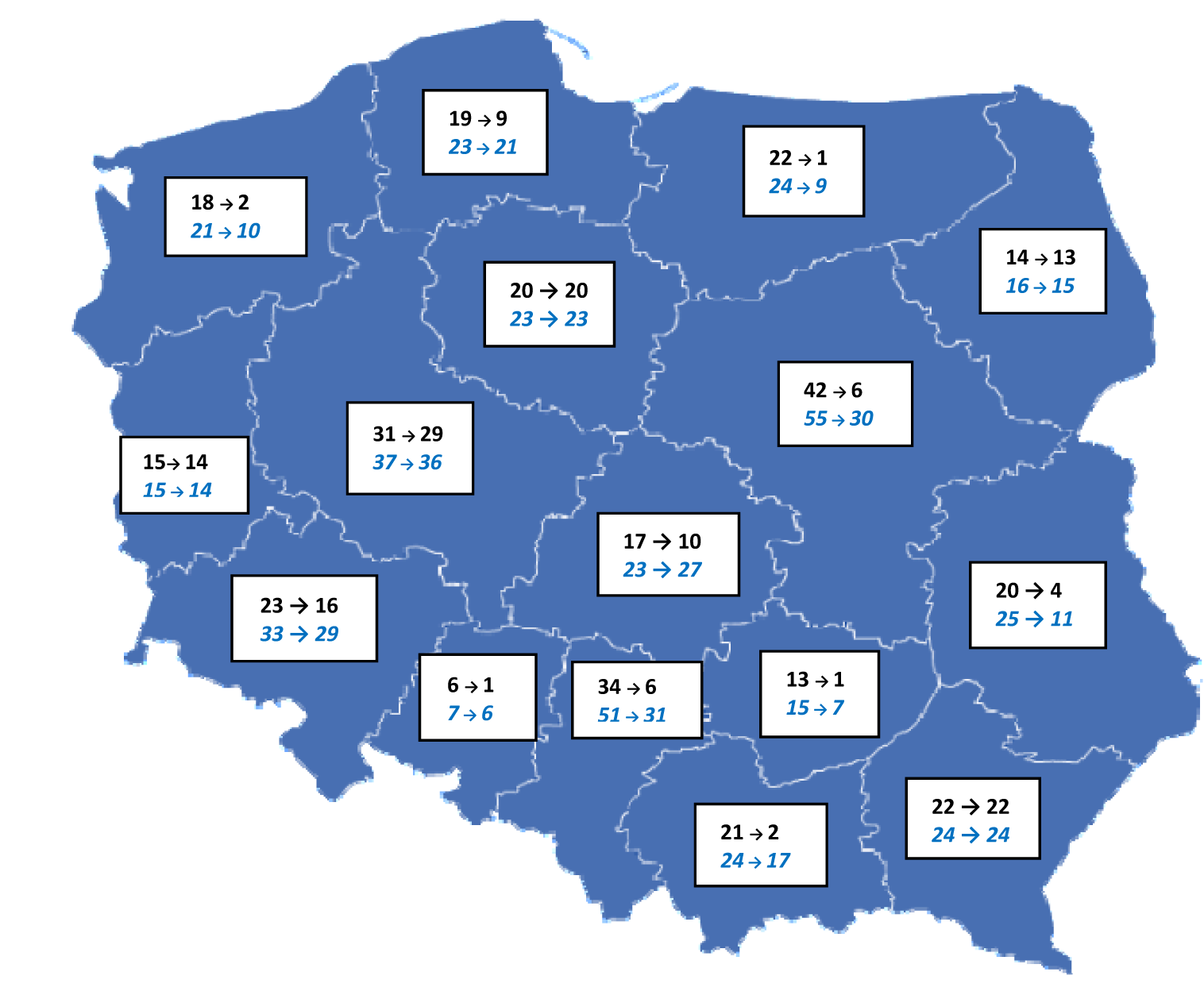 w a ż n i e j s z e w y n i k i k o n t r o l i Mapa nr 3 Liczba dyspozytorni i stanowisk dyspozytorskich w poszczególnych województwach w roku 2011 (lipiec) i 2014 (styczeń) LEGENDA: Liczba