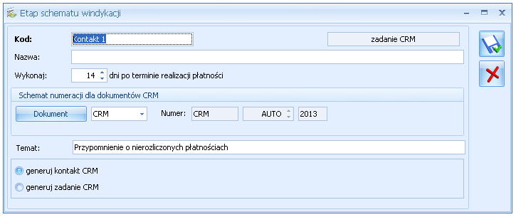 Dokument należy wskazać domyślny schemat numeracji dla generowanych kontaktów/ zadań CRM.