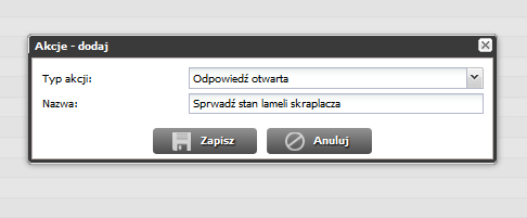 Podczas dodawania nowych akcji Użytkownik ma możliwość wyboru jednego z sześciu typów akcji: Odpowiedź otwarta, Odpowiedź jednokrotnego wyboru, Odpowiedź wielokrotnego wyboru, Polecenie, Pytanie o