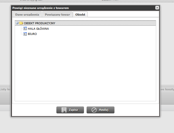 Gdy urządzenie zostało powiązane z towarem z listy, należy przejść do zakładki Obiekt i wybrać z struktury obiektów, odpowiedni obiekt. Całą czynność kończymy wybierając Zapisz (2).