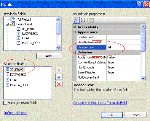f) Z menu podręcznego dla umieszczonej przez kreator kontrolki typu GridView wybierz opcję Edit Columns.