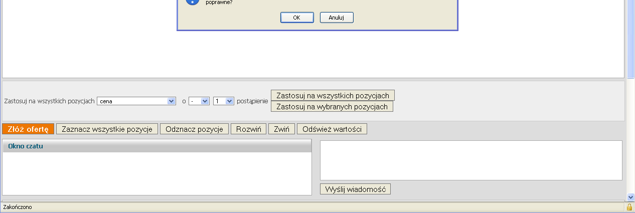 W zależności od parametryzacji aukcji przez operatora, w przypadku chęci złożenia oferty, która będzie się znacząco różnić od uprzednio złożonej przez oferenta System wyświetli