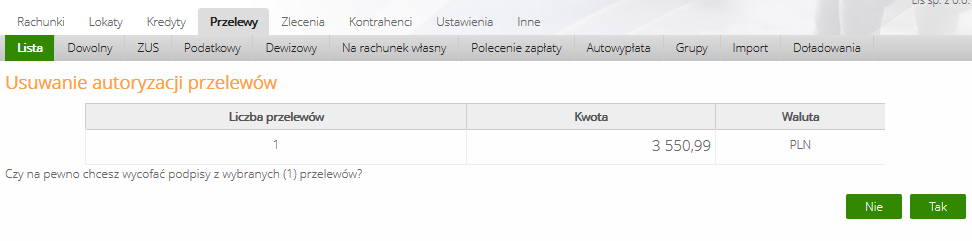 powoduje, że na Liście przelewów w prawym dolnym rogu znajduje się jeden przycisk Podpisz i Akceptuj W celu zaakceptowania przelewów, należy w oknie Lista przelewów (Rys.