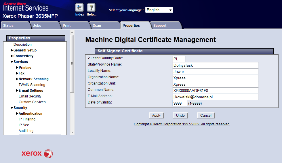 Następnie przejść do zakładki Security, następnie Machine Digital Certificate.