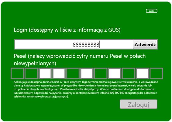 Aby zalogować się do aplikacji jako osoba fizyczna (użytkownicy wylosowanych gospodarstw indywidualnych) należy podać Login otrzymany w