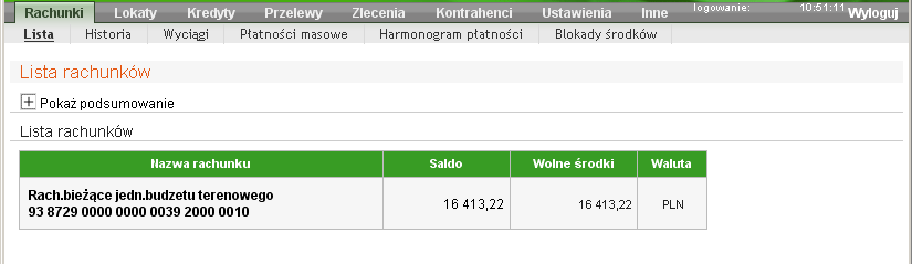 Przeglądanie lub wydruk szczegółowych danych rachunku, m.in.