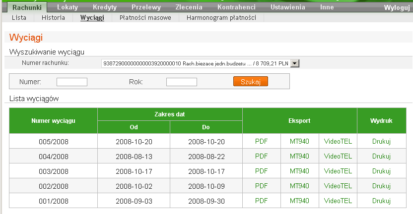 RYS. 6-5 OKNO WYCIĄGI Okno Wyciągi pokazuje Listę wyciągów w postaci tabeli z danymi: Numer wyciągu i Zakres dat (Od, Do) przedstawia numer kolejnego wyciągu wygenerowanego w Banku za okres, w którym