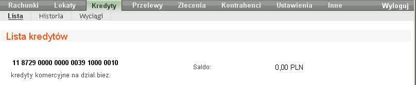 RYS. 0-1 OKNO LISTA KREDYTÓW. Dla każdego z kredytów wyświetlane są: numer i nazwa rachunku kredytu, aktualne saldo i waluta kredytu.