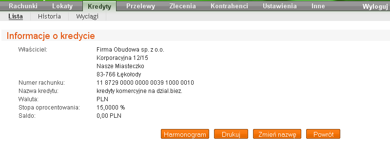 RYS. 0-2 OKNO INFORMACJE O KREDYCIE. Oprócz informacji o kredycie, użytkownik ma również do wyboru następujące polecenia: [Harmonogram] wyświetlenie harmonogramu spłat rat kredytu (Rys.