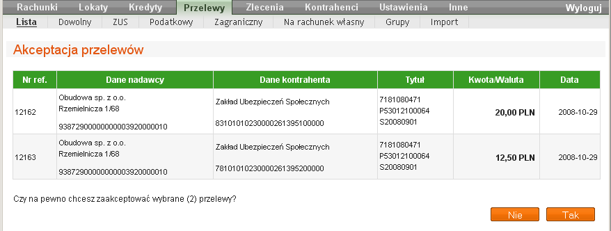 W celu zaakceptowania przelewów, należy w oknie Lista przelewów (Rys. 0-1) zaznaczyd wybrane przelewy, a następnie kliknąd przycisk [Akceptuj].