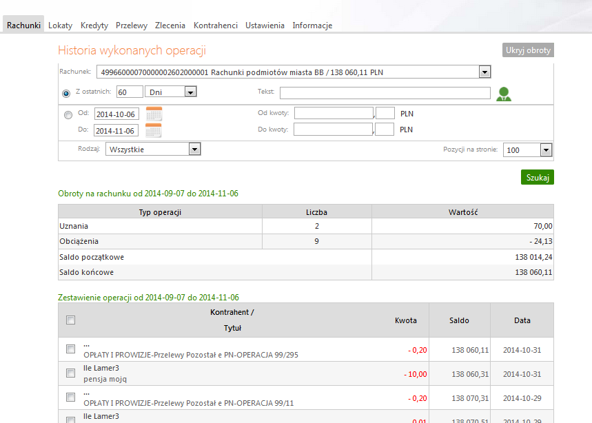 Rys. 8 Zestawienie operacji i obrotów na wybranym rachunku wg żądanych parametrów filtracji w oknie Historia wykonanych operacji.