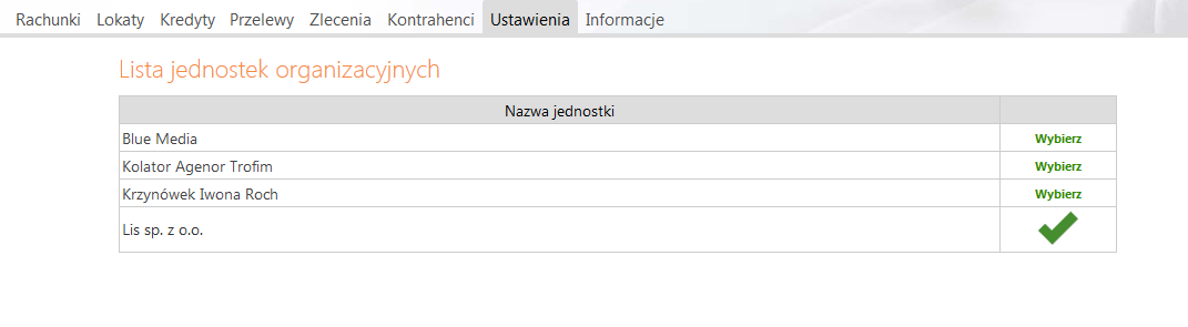 12. Ustawienia Poprzez menu Ustawienia, uprawniony użytkownik Serwisu ma dostęp do następujących funkcji administracyjnych: Wybór jednostki organizacyjnej (Rys.