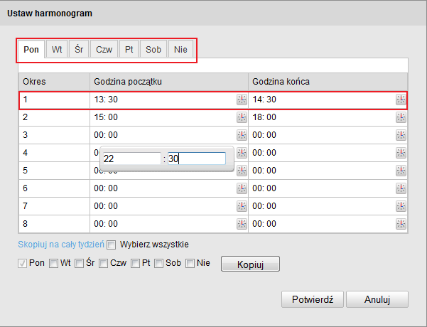 Rysunek 10 - okno edycji harmonogramu W oknie pokazanym na rysunku 13 można wybrać jeden z siedmiu dni tygodnia a następnie, za pomocą ikony zegarka ustawić czas włączenia i wyłączenia funkcji
