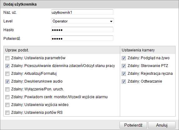 Wizyta anonimowa Filtr adresów IP 4.11.1 Użytkownik. Kamera oferuje możliwość dowolnego zarządzania użytkownikami oraz nadawania im określonych praw dostępu. Rysunek 39 - wygląd karty Użytkownik.