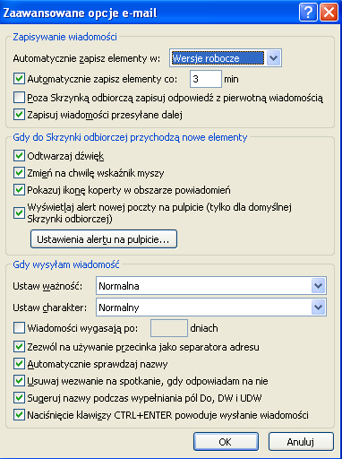 Microsoft Outlook 2007 Konfiguracja i Użytkowanie 2007 EOP 2007.05.21 9 z 21 Skonfiguruj tak Rys 1.7 Opcje e-mail jak przedstawiono na rysunku obok - rys. 1.7. Kliknij na przycisk Zaawansowane opcje e-mail (obok) Skonfiguruj jak na rys 1.