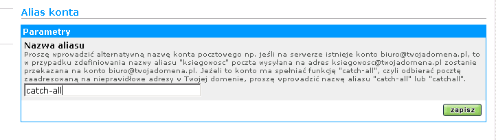 Konto pocztowe jest w pełni konfigurowalne po kliknięciu na jego nazwę w gałęzi drzewa nawigacyjnego usługi.