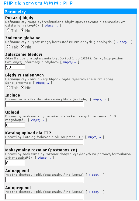 PHP dla serwera WWW Jeżeli na serwerze mają być wykonywane skrypty PHP, przed uaktywnieniem tej opcji należy zdefiniować we właściwym panelu niezbędne dla konfiguracji parametry.