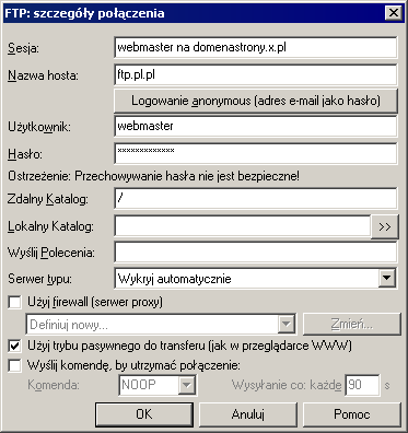 Otwarte w wyniku tego działania okno (FTP: szczegóły połączenia) umożliwia skonfigurowanie parametrów określających sposób dostępu do serwera FTP.
