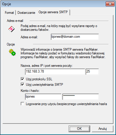 Zrzut ekranu 11: Edytowanie adresu e-mail w opcjach ekranu Formularz wiadomości programu GFI FaxMaker 2.