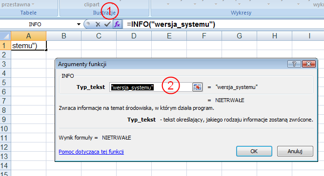 Informacja Nazwa funkcji =INFO() Opis Wyświetla informacje o danym skoroszycie, używanym systemie, ustawień Excela etc.