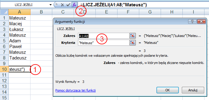 Zliczanie warunków Nazwa funkcji =LICZ.JEŻELI () Opis Zlicza ile razy w zaznaczonym zakresie występuje wyrażenie spełniające kryteria.