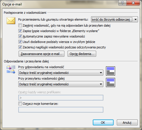 Strona 13 z 37 Teraz wystarczy wybrać właściwą opcję w części okienka Odpowiadanie i przesyłanie dalej 2.3.3 Dodawanie flagi do e-maila Kolejnym elementem pomagającym w wyróżnianiu wiadomości e-mail jest flaga.