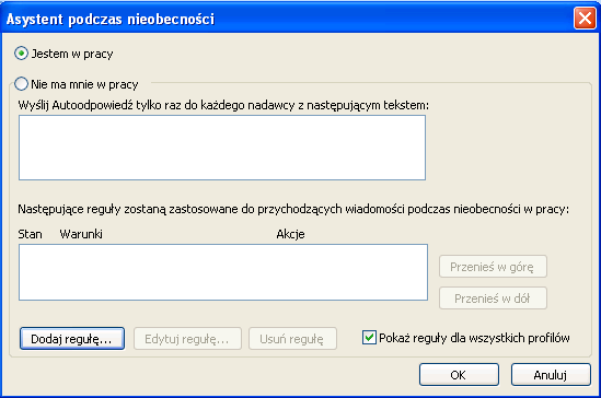 4.5. Autoresponder asystent podczas nieobecności (wersja druga) Strona 32 z 37 Drugim sposobem automatycznego odpowiadania na otrzymywaną pocztę jest wykorzystanie asystenta nieobecności.