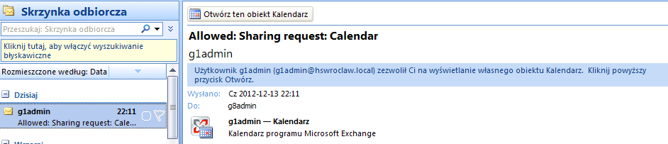 Strona 37 z 37 Klikamy na Wyślij. W tym momencie do wybranej osoby zostanie wysłany e-mail z prośbą o zezwolenie na udostępnienie kalendarza.