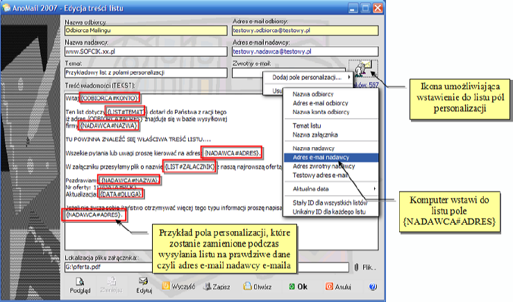 Program AnoMail umoliwia podstawow% personalizacj&, wykorzystywan% najcz&ciej przy wysyaniu newsletterów. Do listu wprowadza si& pola (patrz rys. 9 - Ikona personalizacji) takie jak np.