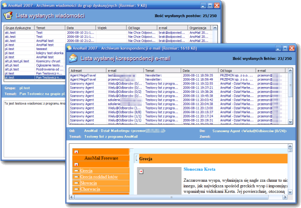 Program AnoMail 2007 umo liwia tak e przesyanie ogosze8 (postów) do grup dyskusyjnych (Usenetu). Dostp do moduu przedstawionego na rys. 11 uzyskujemy klikaj!