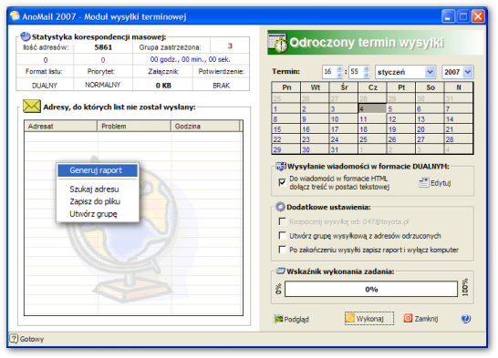 Ustalanie terminu wysyki mass-mailingu Wielokrotnie zdarza si, e musimy wysa7 du! ilo(7 korespondencji np. 10 tys. listów po 50 KB ka dy. W zwi!zku z tym wysyanie ok.