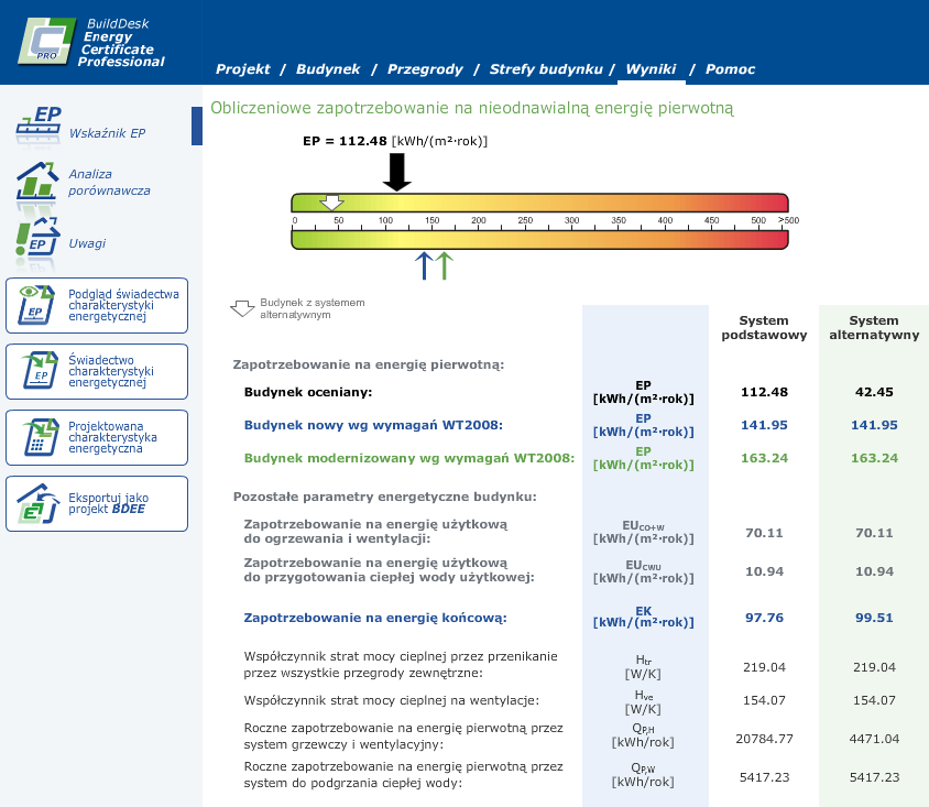 Po kliknięciu na zakładkę Wyniki pokazane zostaną podstawowe parametry energetyczne budynku, obliczone dla podstawowego i alternatywnego systemu CO i CWU: W tej zakładce możemy wygenerować Podgląd