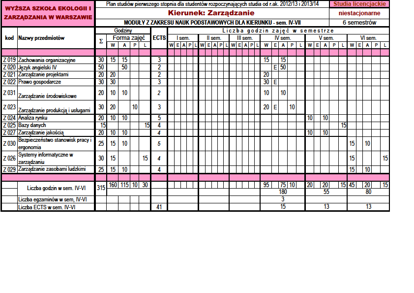 Plan studiów niestacjonarnych moduły