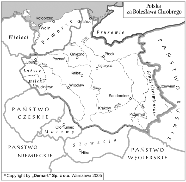 19. Na zamieszczonej obok mapie: a) zaznacz literą A nazwę miejscowości, w której utworzono pierwsze na ziemiach polskich arcybiskupstwo b) podkreśl nazwy miejscowości, w których po zjeździe