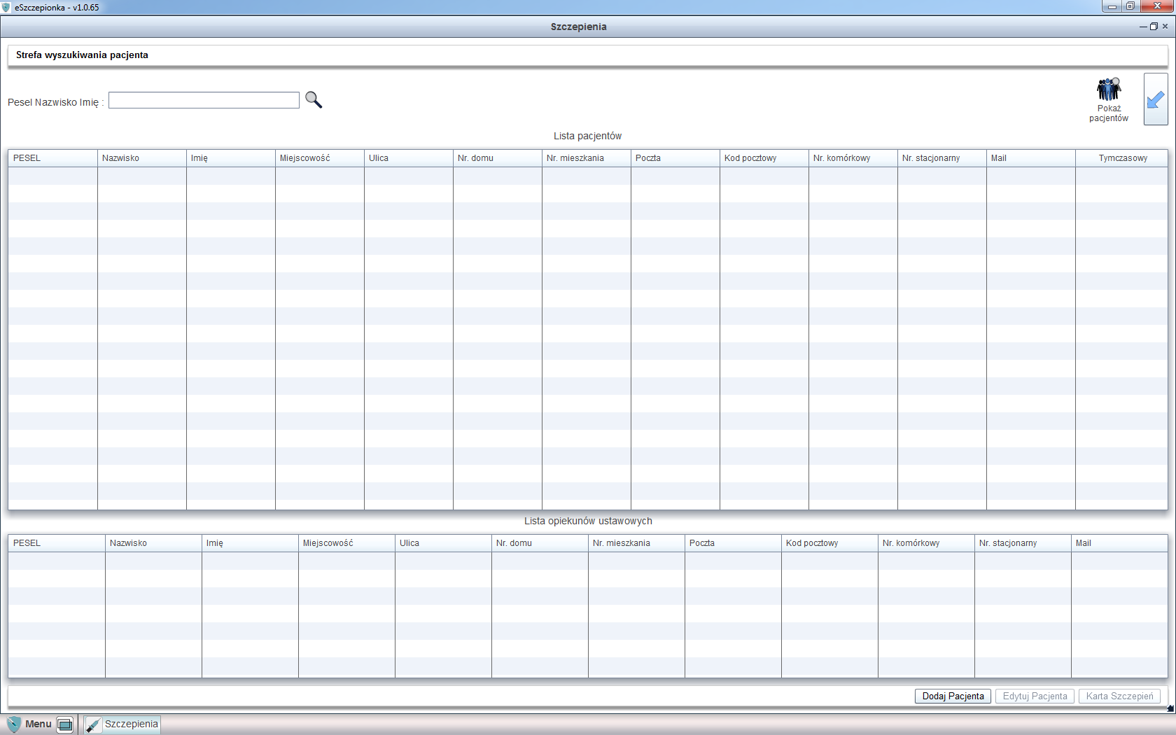 Panel posiada wbudowaną wyszukiwarkę, filtrującą listę pacjentów pod kątem Imienia, Nazwiska lub numeru PESEL.