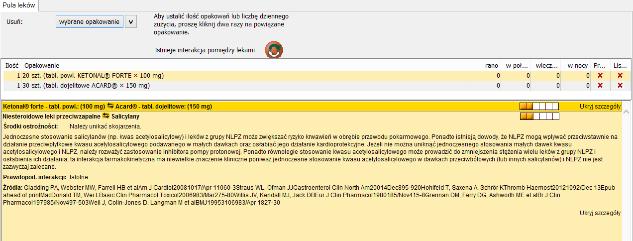 Korzystanie z programu: Sprawdzanie interakcji: Po kliknięciu otrzymujemy informację, pomiędzy którymi lekami zachodzi interakcja wraz z graficzną prezentacją siły interakcji.