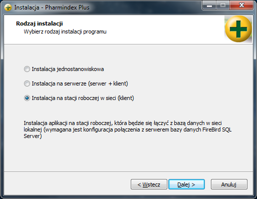 Instalacja: Plus oferuje jeden z trzech typów instalacji aplikacji: Aplikacja jednostanowiskowa. Na jednym komputerze zainstalowane zostaną wszystkie niezbędne komponenty programu.