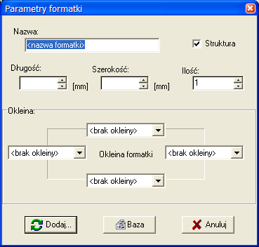 18 1.5.2 Nowy Rozkrój Formatki Kliknięcie Dodaj... (zlecenie) powoduje pokazanie się okna, w którym wpisujemy dowolną nazwę zlecenia (np. Zestaw_1; Biurko_120...). Warto nadawać zleceniom takie nazwy, aby można je było w łatwy sposób odnieść do rzeczywistości czy odszukać na liście.