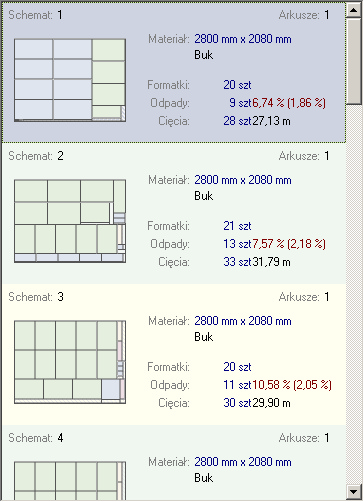 Jak używać 2.4.2.2 Podgląd listy schematów Pokazana poniżej sekcja to Lista Schematów - czyli sposoby rozcięcia każdego z materiałów zastosowanych w danym rozrysie.