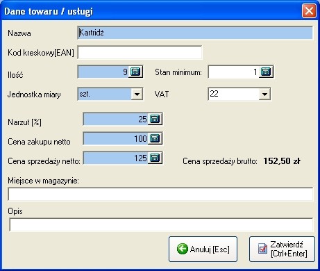 miary Kwotę netto zakupu Narzut (w %) VAT Stan minimalny (jeżeli wpisujemy usługę wpisujemy 0) Cena