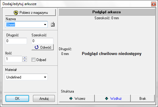 Dodawanie i edycja arkuszy Arkusz jest to podstawowy materiał, który ma zostać podzielony na mniejsze części - Formatki.