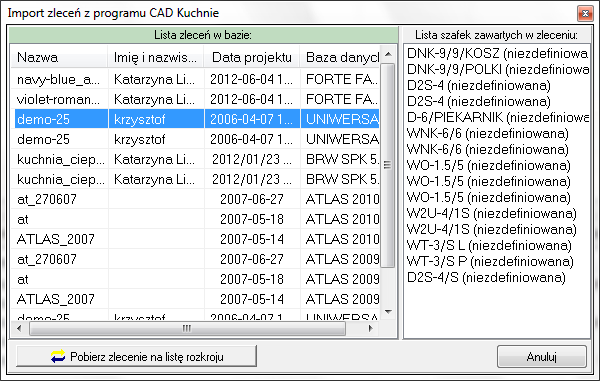 w oknie tym znajduje się lista zleceń zawartych w aktywnej bazie CAD Kuchnie; po kliknięciu na zlecenie w prawej części okna wyświetli się lista szafek w nim zawartych; oznaczenie niezdefiniowana