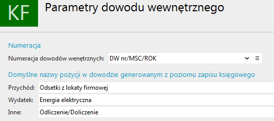 Sposób automatycznej numeracji powstających w programie dowodów wewnętrznych może być zmieniony w Parametrach dowodów wewnętrznych (Konfiguracja systemu).